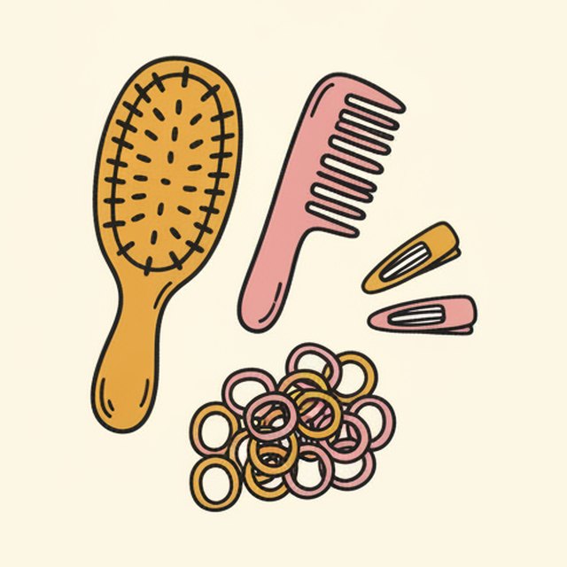 Illustratie van een borstel, een kam, haarspeldjes en een hoop elastiekjes